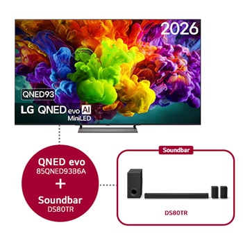 Vooraanzicht van 85 inch LG QNED evo AI QNED93 Mini LED 4K Smart TV 2026 & DS80TR 5.1.3-kanaals 85QNED93B6A.DS80TR